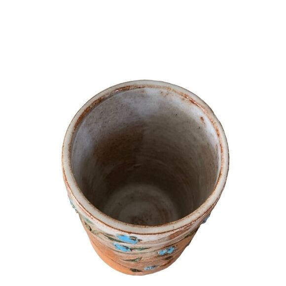 Vintage Schau Pottery Clay Glazed Floral Handmade 3D Vase Terracotta Blue 7”H - Picture 9 of 12